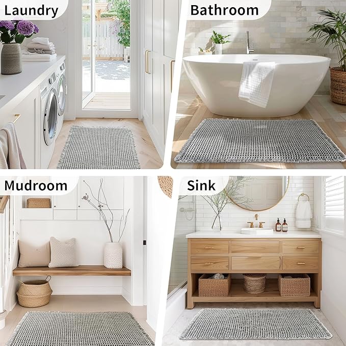 Waffle Runner Bath Mat - Long Boho Bathroom Rugs Non Slip Washable, Super Absorbent & Quick Dry, Soft Bath Mat Farmhouse Bathroom Decor, 24'' x 60'', Dark Grey