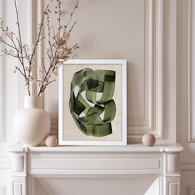 Poster Master Green Abstraction Poster - Brush Strokes Print - Painted Swirl Art - Chic Boho Design - Abstract Illustration - Great Office or Living Room Decor - 8x10 White Framed