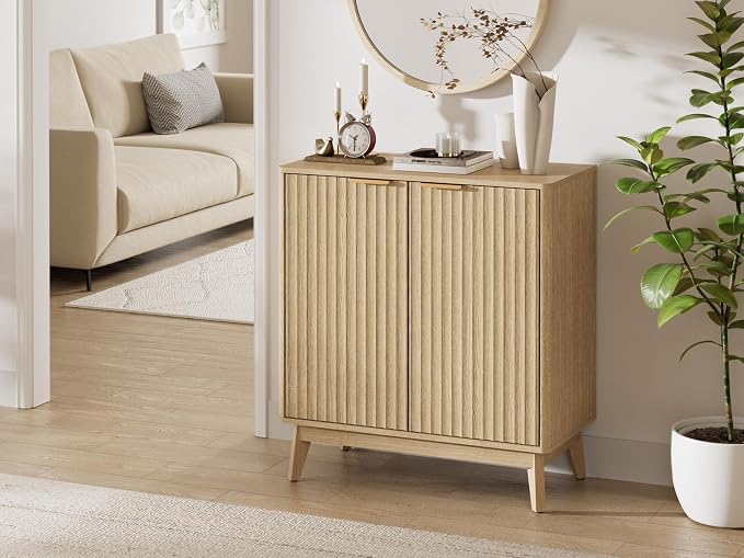 Sideboard Cabinet, Small Buffet Cabinet, Modern Fluted Storage Cabinet with Adjustable Shelf & Doors, Accent Credenza Sideboard for Kitchen, Coffee Bar, Living Room, Entryway, Hallway
