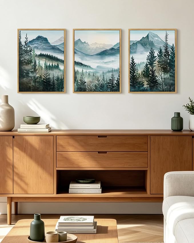 KUVIOKE Mountain Landscape Framed Wall Art Watercolor Nature Misty Forest Painting Vintage Farmhouse Rustic Wall Decor for Bedroom Hallway 12x16in (Natural Framed)