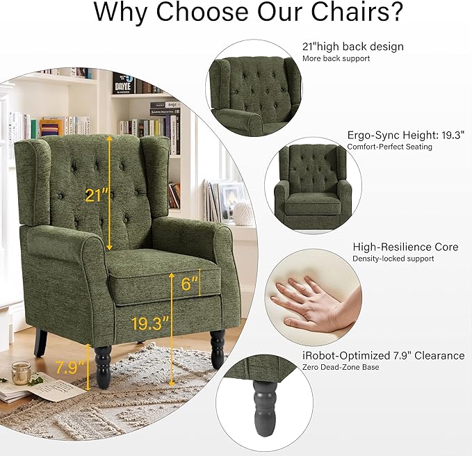 Lumibee High Back Accent Chairs Set of 2,Upholstered Wingback Armchair with Solid Wood Legs for Small Spaces,Comfy Single Sofa Chair for Living Room, Bedroom, Office-Green