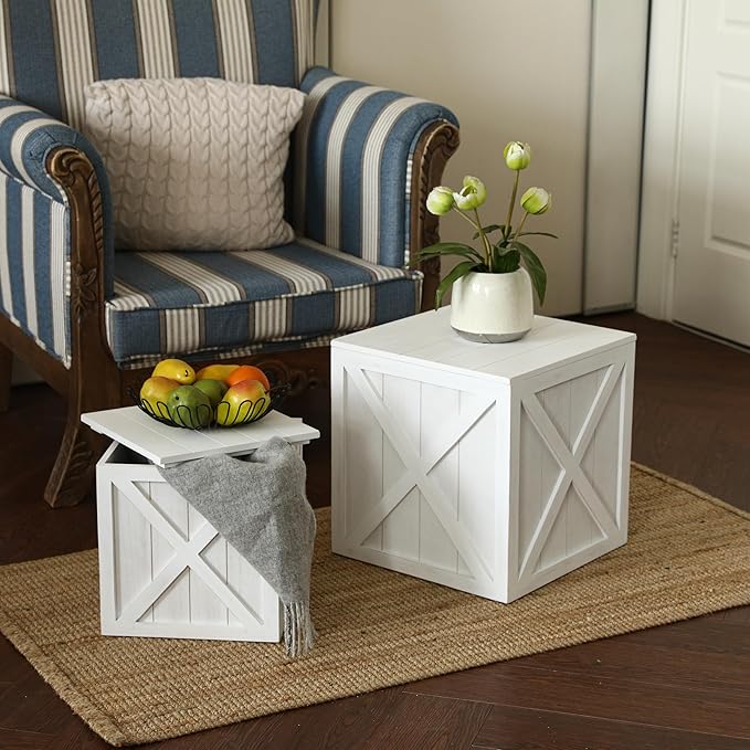 COLLECTIVE HOME - Wood Storage Ottoman, Rustic Storage Stool, 2 Pack Cube Seat Foot Rest Stool, Accent Side Table, Metal Storage Bin for Living Room Furniture, 16"/12" (White, barn Door)