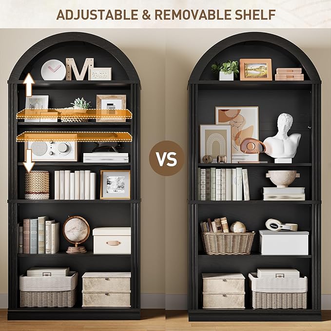 RALGEND Arched Bookshelf, 75.8" Tall Arch Bookcase with Storage, 6-Tier Farmhouse Book Shelf, Arched Cabinet, Wooden Bookshelf with Open Display Shelves, Adjustable Shelf, Office, Black