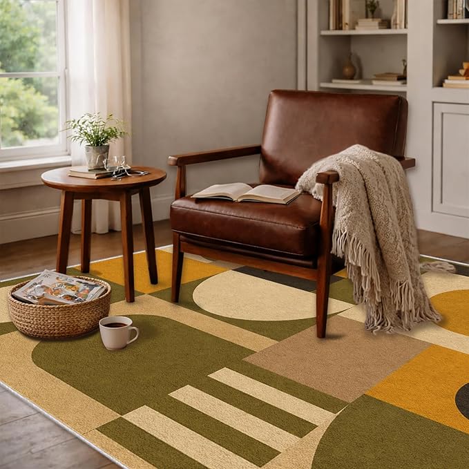Olive Bauhaus Area Rug 5x6, Mid Century Modern Geometric Rug, Mustard Green Abstract Color Block Washable Low Pile Non Slip Rug for Living Room Bedroom