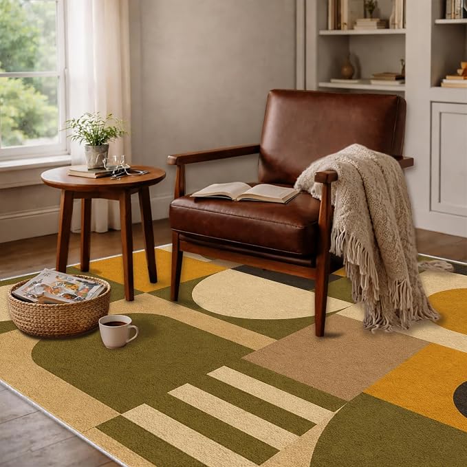 Olive Bauhaus Area Rug 3x5, Mid Century Modern Geometric Rug, Mustard Green Abstract Color Block Washable Low Pile Non Slip Rug for Living Room Bedroom