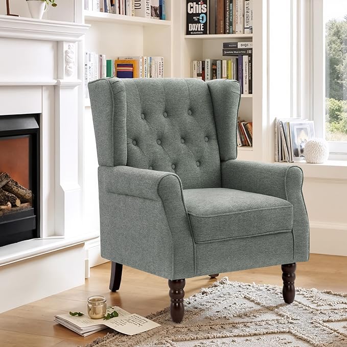 Lumibee High Back Accent Chair,Upholstered Wingback Armchair with Solid Wood Legs for Small Spaces,Comfy Single Sofa Chair for Living Room,Bedroom,Office-Gray
