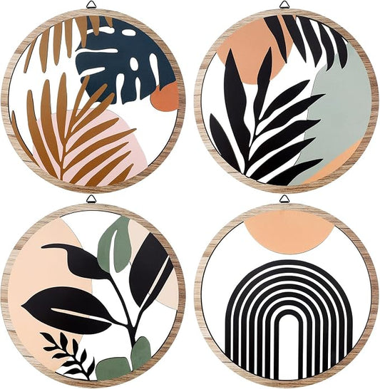 Qunclay 4 Pcs Boho Wall Art Bohemian Wooden Round Circle Wall Decor Hollow out Hanging Farmhouse Aesthetic for Bedroom Living Room Bathroom Bedroom Bathroom Patio Apartment Gift 10 Inch(Elegant)
