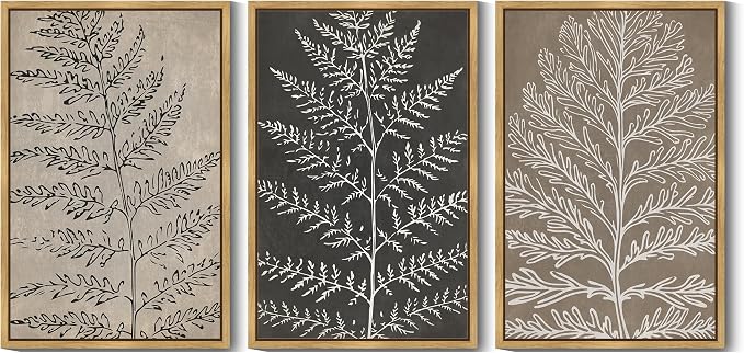 KUVIOKE Vintage Botanical Framed Wall Art Bohemian Black Tan Plant Leaf Wall Decor Nature Fern Plant Silhouette Wall Painting for Living Room Bedroom 24x36in (Natural Framed)