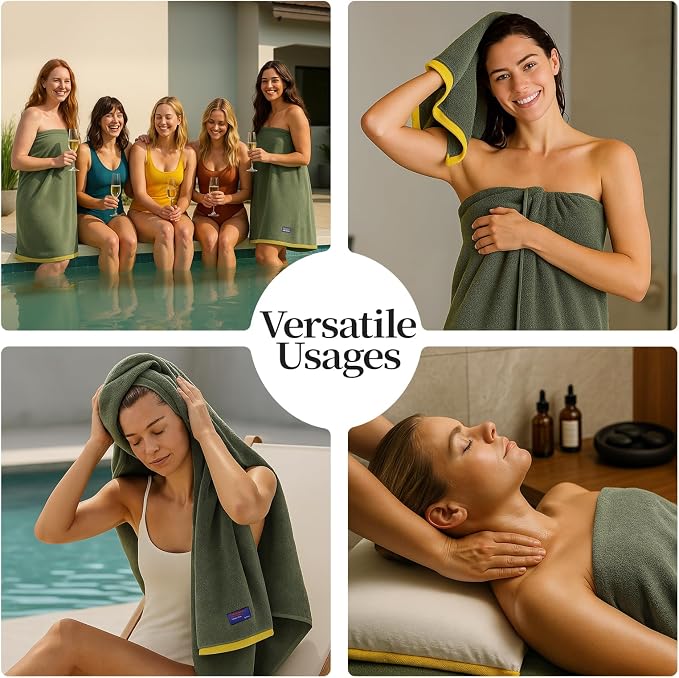 REDKISS 2 Pack Cotton Bath Towels, Soft Absorbent 600 GSM, 27x54 Inch | Quick Dry | Reinforced Stitching | Modern Contrast Border Design | Machine Washable | Bathroom, Gym|Spa & Guest Use | Green