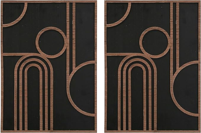 Modernist Home Art Deco Wall Sculptures, Set of 2, Carved Wood Panels, Black and Brown Wood Tones, MDF, Geometric Arches Design, 13.75 x 19.25 Inches