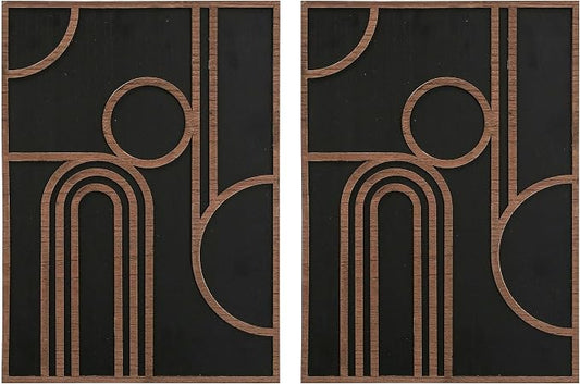 Modernist Home Art Deco Wall Sculptures, Set of 2, Carved Wood Panels, Black and Brown Wood Tones, MDF, Geometric Arches Design, 13.75 x 19.25 Inches