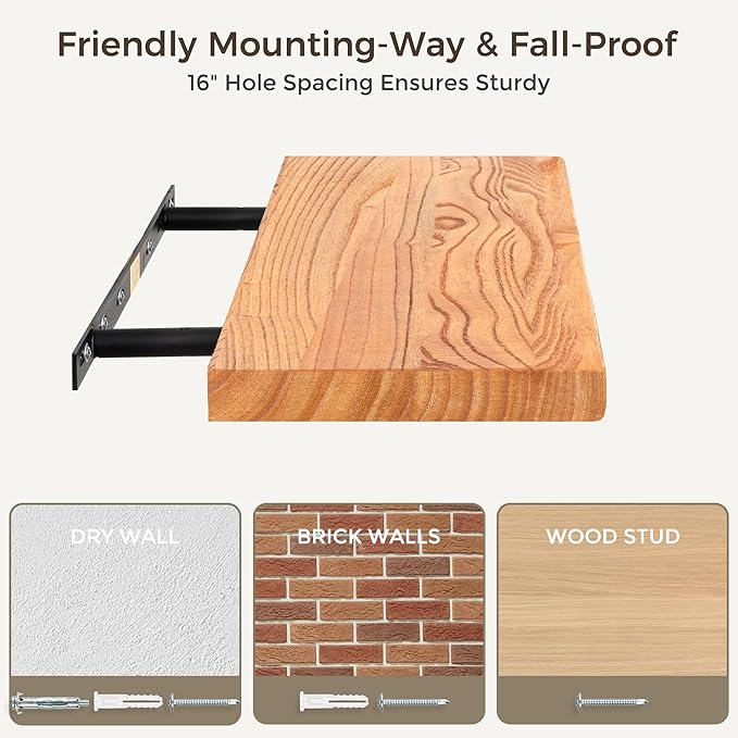 Fun Memories 36 Inch Floating Shelves, Rustic Solid Wood Wall Shelves Set of 2, 8 Inch Deep Floating Shelf for Bathroom, Bedroom, Heavy-Duty Wooden Shelf Wall-Mounted for Home Decor & Storage