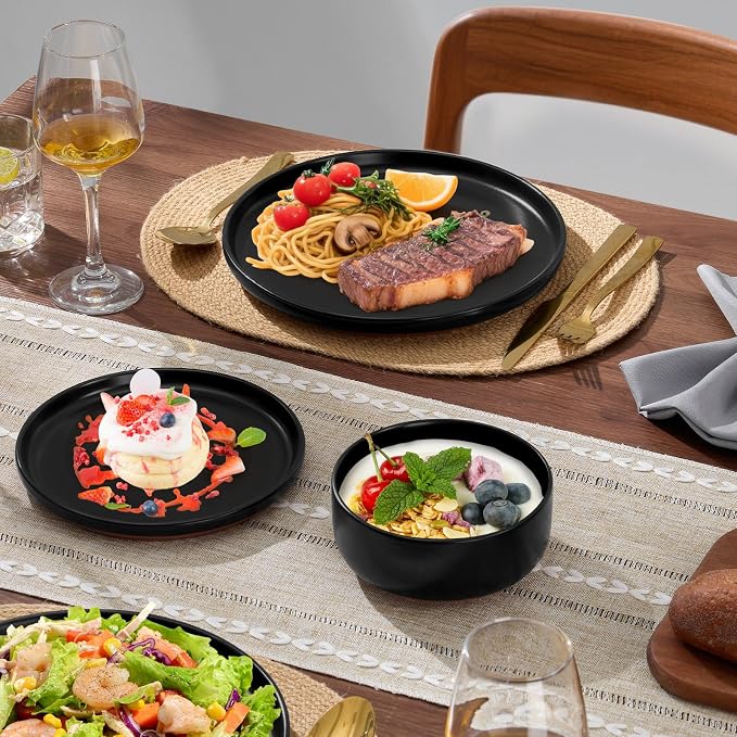 E-far 6-Piece Stoneware Plates and Bowls Sets, Dinnerware Sets for 2, Ceramic Dishware Dishes Set with Terracotta Base, Chip & Scratch Resistant, Microwave & Dishwasher Safe, Matte Black