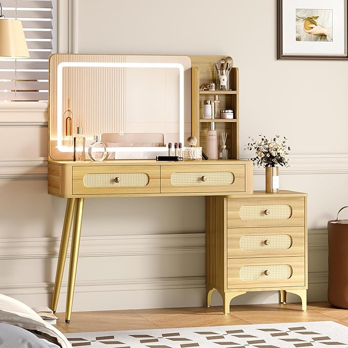 47" Mid-Century Modern Makeup Vanity Table with Mirror & Lights Vintage Vanity Desk with 3-Color Dimming Light 5 Drawers 3 Open Shelves Natural Wood Vanity with Rattan Decor & Metal Legs