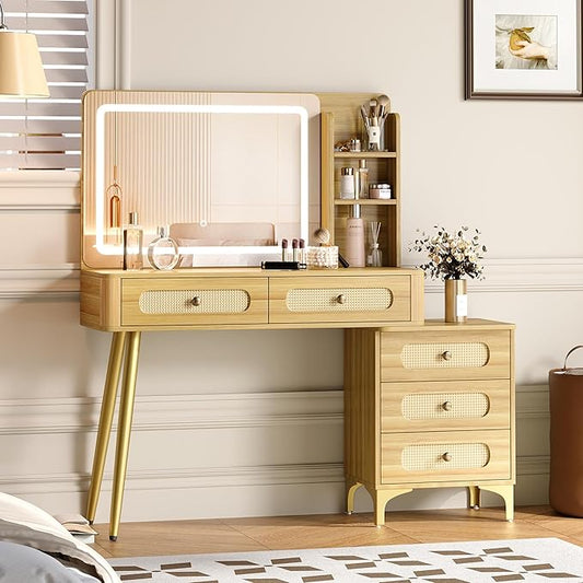 47" Mid-Century Modern Makeup Vanity Table with Mirror & Lights Vintage Vanity Desk with 3-Color Dimming Light 5 Drawers 3 Open Shelves Natural Wood Vanity with Rattan Decor & Metal Legs