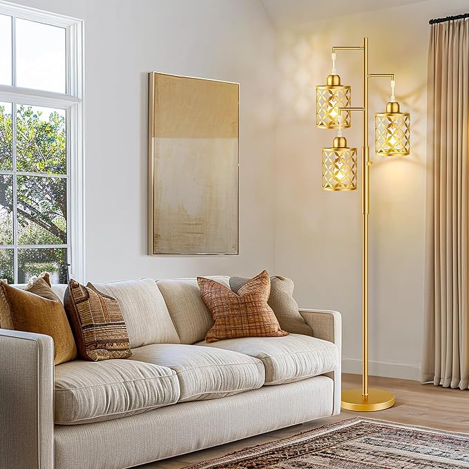 Dimmable Floor Lamp, Farmhouse Standing Lamp with Elegant Metal Cage, Industrial Tall Tree Floor Lamps for Living Room, Bedroom, Study Room, Office, 2000LM LED Bulbs Included - 68", Gold