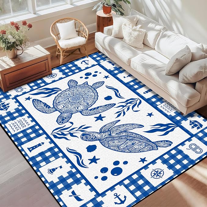 Sea Turtle Rug Coastal Ocean Print Floor Mat Blue and White Plaid Area Rug for Entryway Bedroom Living Room Nursery Kitchen Playroom Home Decor Non-Slip Washable Carpet,3'x5'