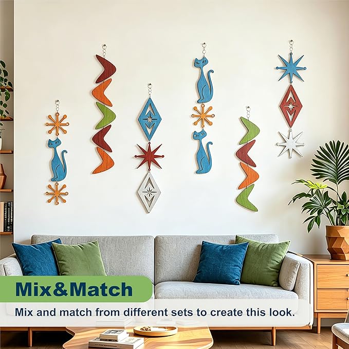 MidModArt 6PCS Retro Mid Century Modern Wall Art MCM Decor for Living Room Bedroom Kitchen Study, Atomic Cat & Starburst 6.5"x58.2"