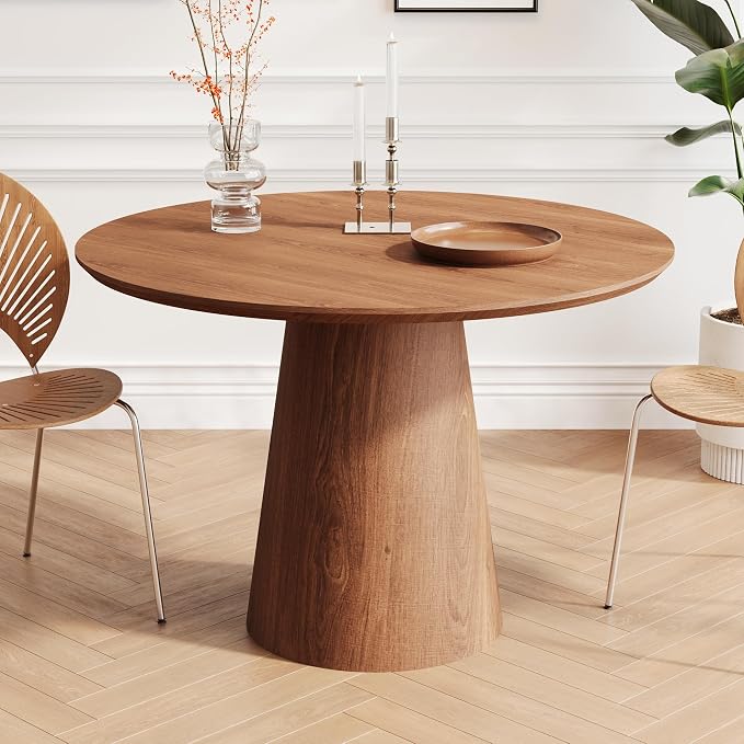 JUSTONE 43.3" Round Dining Table for 4-6,Wood Farmhouse Rustic Kitchen Table with Mid-Century Modern Pedestal Base, Natural Finish for Dining Room/Kitchen/Living Room(Walnut)
