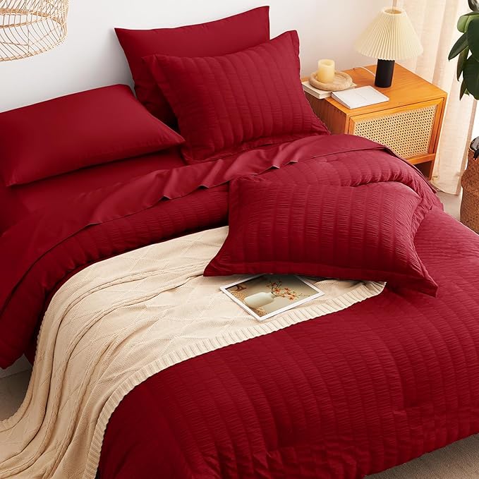 CozyLux Twin XL Comforter Set for College Dorm, 5 Pieces Dark Red Seersucker Twin Extra Long Bed in a Bag, Down Alternative Bedding Set with Comforter, Sheets, Pillowcase & Sham, Back to School Gift