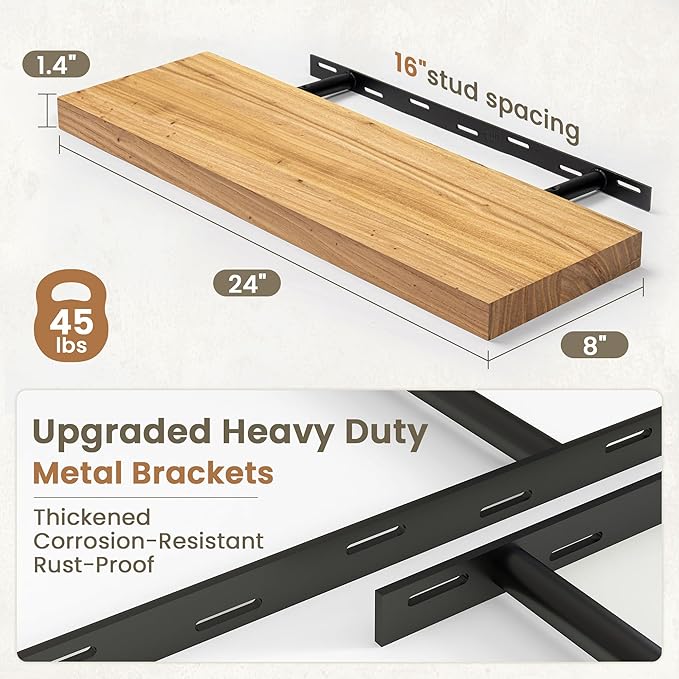 Fun Memories Solid Elm Wood Floating Shelves Set of 2-24 Inch Rustic Wall Shelves with Heavy-Duty Invisible Brackets - for Living Room, Kitchen, Bedroom, Bathroom - Natural Finish