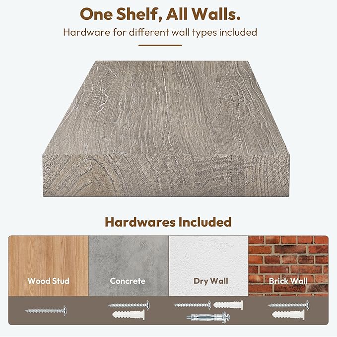 Vivelove Solid Wood Floating Shelves Set of 2, Elm Wood Wall Shelf with Invisible Bracket for Living Room Bedroom Bathroom Office, Rustic Farmhouse Display Shelf, 36 inch - Grey