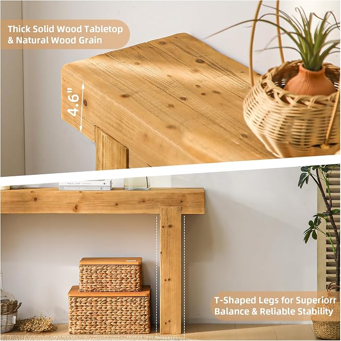 Wood Console Table, 63" Retro Long Boho Sofa Table Behind Couch, Wooden Narrow Sofa Table Hall Table for Living Room Foyer Entrance Entryway, Natural