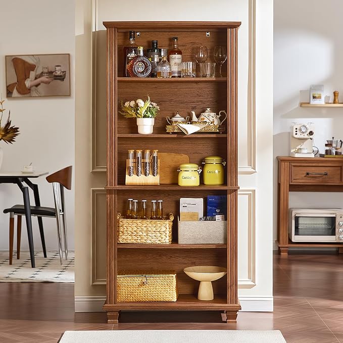 SAVOR LIFE 70" Tall Brown Bookshelf,5 Tier Wooden Book Shelf with Adjustable Shelves & Wood Legs,Free Standing Farmhouse Bookcase with Open Display Storage,Vintage Bookshelves for Classroom, Office