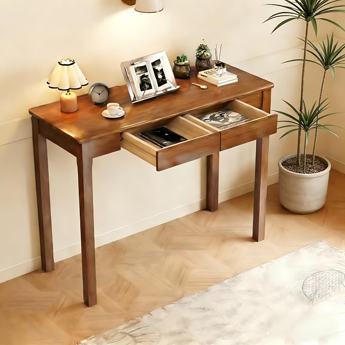 100% Solid Wood Desk with Drawers 39 x 16 Inch Narrow Mid Century Modern Desk, Small Vintage Writing Wooden Desks for Small Spaces Bedroom, Living Room, Office