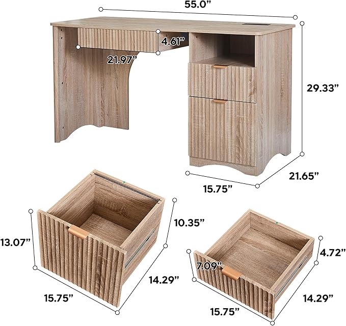 55" Modern Computer Desk with Keyboard Tray, Built-in Power Outlets, Fluted Design, 2-in-1 Main Drawer & Adjustable File Drawer, Office Desk for Home Workspace (Light Oak)