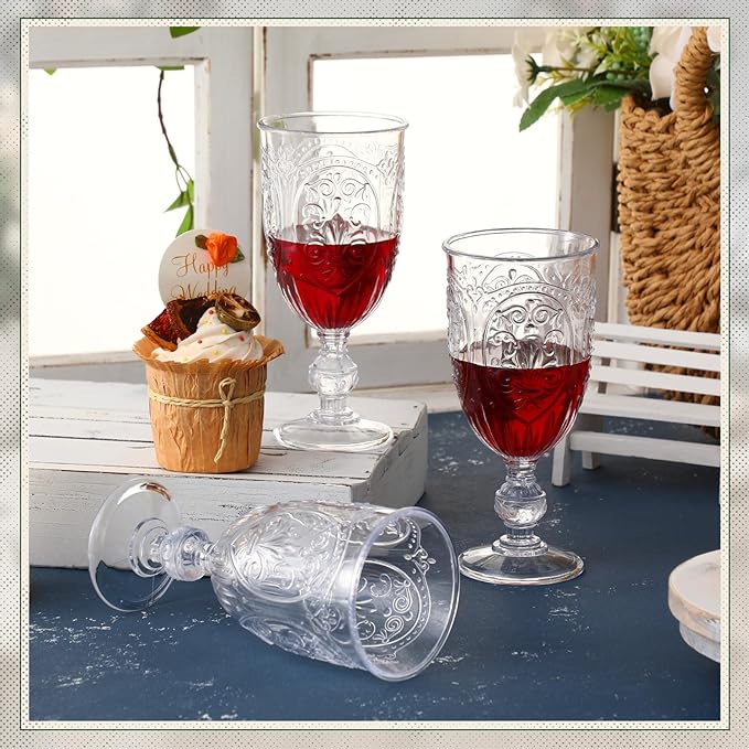 24 Pcs Plastic Goblets 7.5oz Vintage Goblet Plastic Wine Glasses Colored Retro Embossed Water Goblets for Wine Bar Juice Baby Shower Wedding Reception Grand Event Party (Clear)