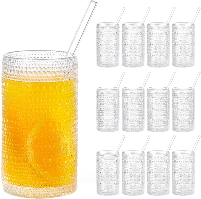 16oz Hobnail Drinking Glasses Set of 12, Vintage Large Capacity Embossed Clear Tumblers, Highball Glasses for Water, Cocktail, Beer, Whiskey, Juice & Bar Use