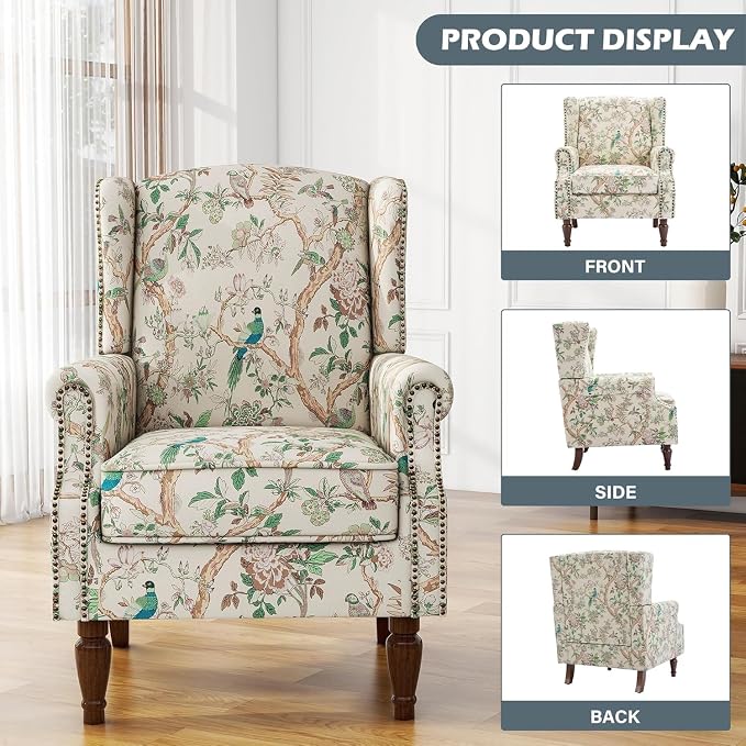 High Back Accent Chair, Fabric Upholstered Armchair for Living Room, Floral Wingback Chair with Retro Solid Wood Legs, Nailhead Trim Single Sofa Bedroom Reading Seat - Bird