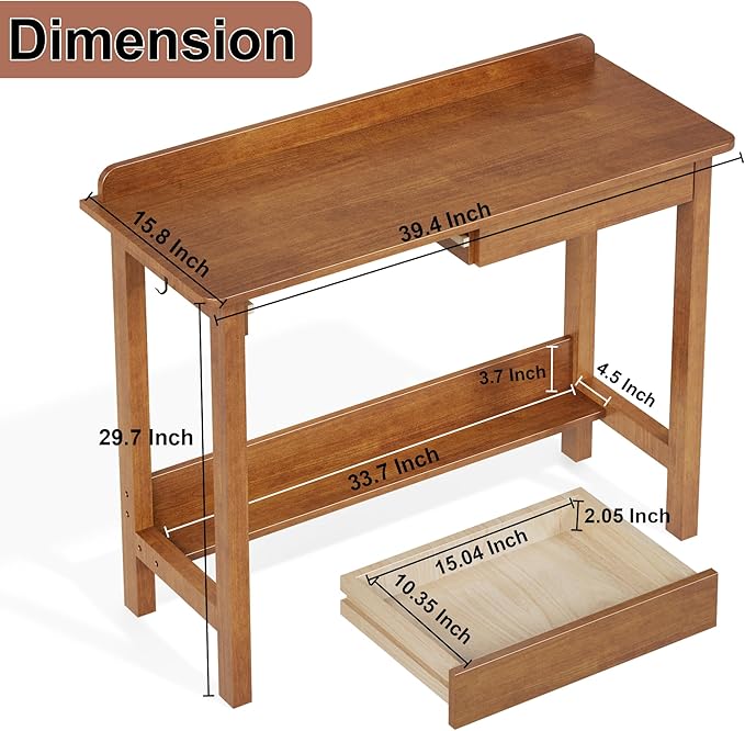 Solid Wood Desk with Drawers, 39 x 16 Inch Narrow Desk with 2 Drawers, Bookshelf & 2 Hooks, Writing & Computer Desk for Small Spaces, Mid Century Modern Desk - Walnut