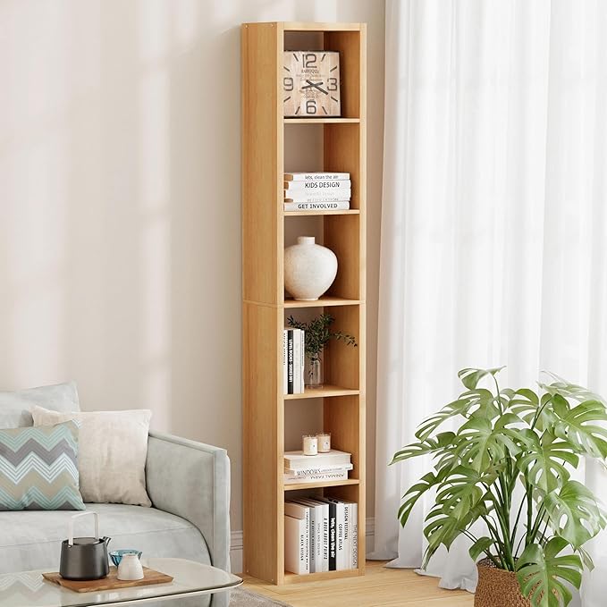 6 Cube Storage Organizer Single Row, Cube Shelf with Heavy-Duty Thick Boards, 13.31"L x 9.37"W x 72.36"H, Smooth Easy-Clean Panels, Simple Assembly, for Living Room Bedroom Children Room, Natural Oak