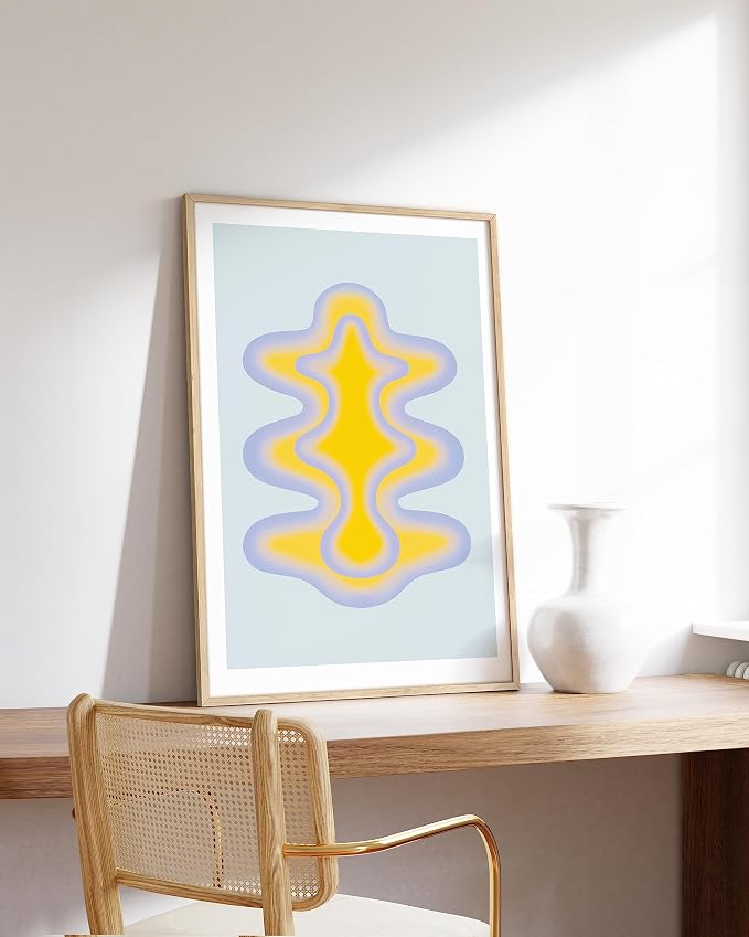 HAUS AND HUES Abstract Wall Art – Blue and Yellow Shape Poster, Minimalist Geometric Print, Modern Vintage-Inspired Decor (Beige Frame, 24x36)