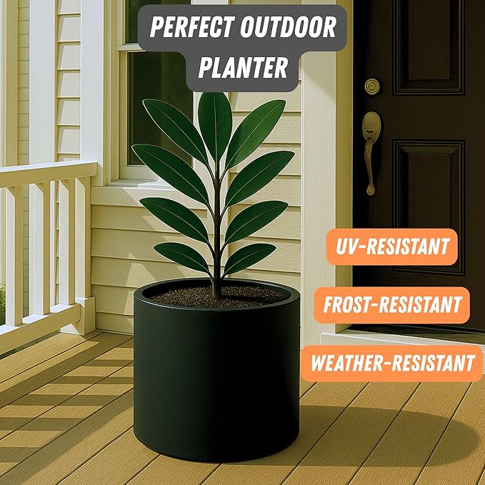 Fox & Fern Large Indoor Planter, Modern Large Plant Pot for Indoor or Outdoor, UV and Frost Resistant - 14.6 Inch, Fiberstone, Matte Black Flower Pot with Drainage Plug, Lightweight