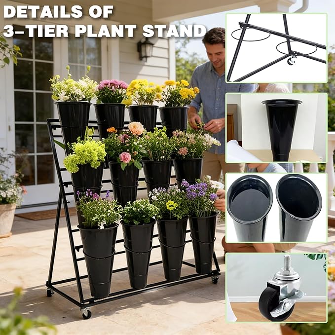 3-Tier Flower Display Stand with 12 Buckets, Heavy Duty Metal Flower Plant Cart with Wheels, Indoor Large Capacity Flower Bar Florist bucket Rack, Moving Florist Bouquet Shelf for Wedding Garden (C, 39.6*23.7*40.6in)
