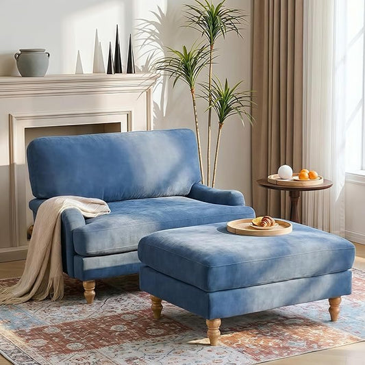 Bezseller Oversized Chair Indoor with Ottoman, 46" W Upholstered Armrest Sofa, Big Comfy Lounge Sofa Deep Seat Sleeper Chair for Living Room, Apartment, Bedroom, Reading Room(Blue)