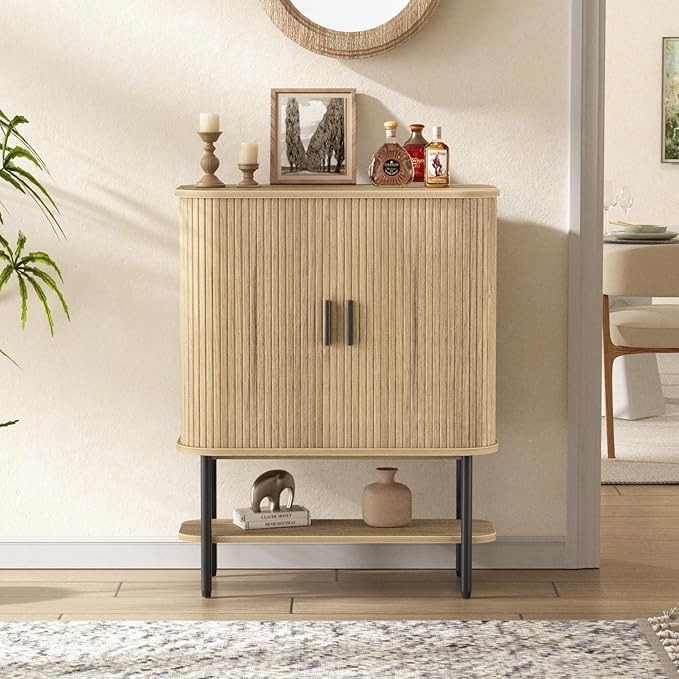 FiveWillowise Coffee Bar Cabinet with Storage, Fluted Wine Cabinet with Sliding Door, Glass Holder and Wine Rack, Buffet Sideboard Liquor Cabinet for Kitchen, Dining Room, Living Room, Natural