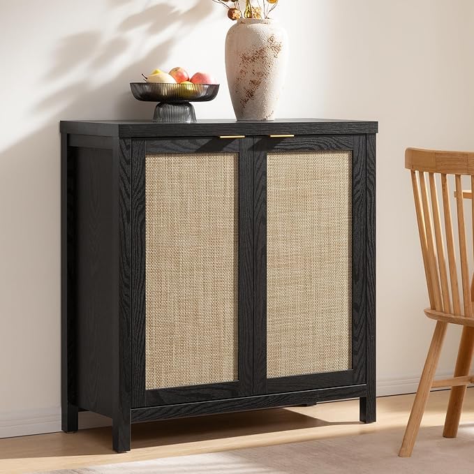 SICOTAS Rattan Sideboard Buffet Storage Cabinet - Boho Credenza Coffee Bar Cabinet with Large Storage, Buffet Console Table for Kitchen Living Room Entryway - Black