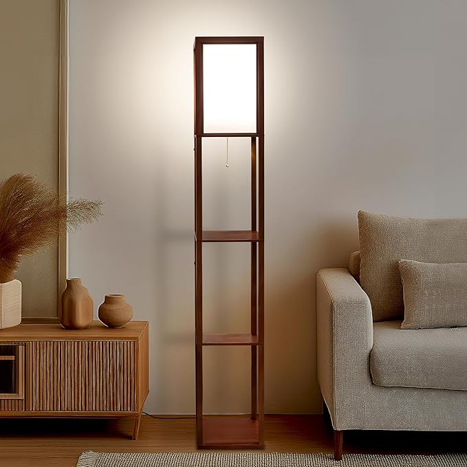 Brightech Maxwell - Modern Shelf Floor Lamp with Lamp Shade & Warm White LED Bulb, Corner Display Floor Lamp with Shelves for Living Room, Bedroom, Nightstand Office, Home Decor Storage - Havana Brown