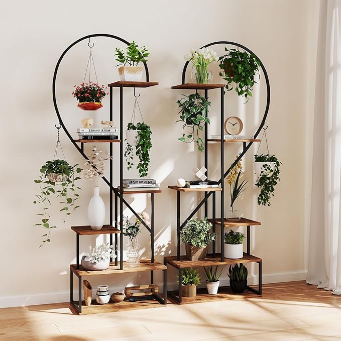 Giantex 6 Tier Tall Plant Stand Indoor, Metal Heart Shaped Plant Shelf for Plants Multiple with 6 Hanging Hooks & 12 Boards, Heavy-duty Metal Frame, Large Ladder Display Rack for Living Room Balcony Patio Art Studio, 2 Pack