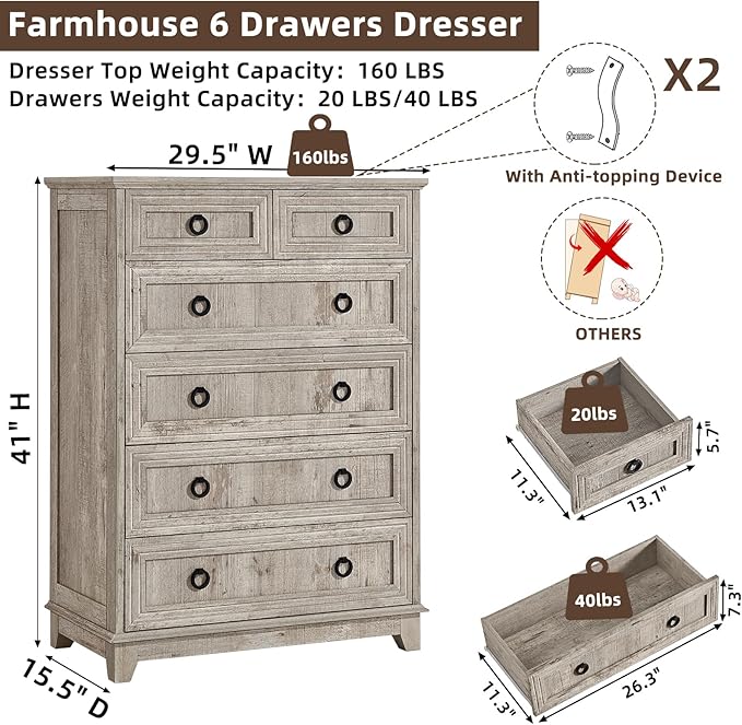 Farmhouse 6 Drawer Dresser for Bedroom Set of 2, 41" Tall Small Dressers & Chest of Drawers, Rustic Wood Dresser with Metal Handle, Storage Organizer Closet for Living Room, Hallway, Entryway