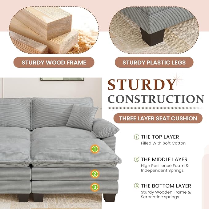 Modular Sectional Sofa Cloud Couch, Comfy Corduroy Loveseat with Ottoman Upholstered Deep Seat Sleeper Sofa Bed 2 Seater Couch Oversized Chaise Lounge Chair Indoor for Living Room Bedroom, Grey