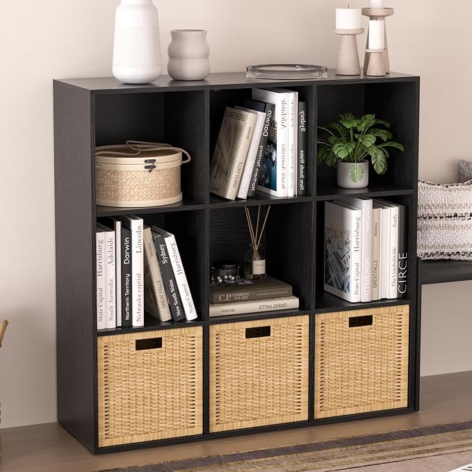 Wooden 9 Cube Storage Organizer with Closed Back Panel,White Cube Shelf Cubby Storage Organizer with Compartments for Living,Bookshelf, Easy to Install (Black, 9 Cube-13in)