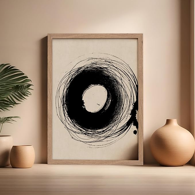 Poster Master Handmade Circle Drawing Poster - Ink Brush Print - Drawing Art - Sketch Design - Abstract Illustration - Great Bedroom or Living Room Wall Decor - 16x20 Beige Framed