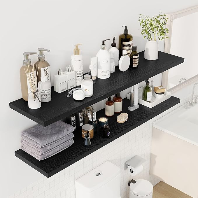 Dreamland 55" Floating Shelves for Wall, 12" Deep Slim Black Floating Shelves, Wall-Mounted Shelves for Bedroom, Living Room, Kitchen, Bathroom - Set of 2