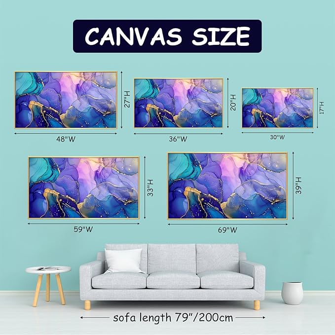 Abstract Marble Canvas Wall Art, Alcohol Ink Wall Art, Purple Canvas Wall Art, Blue Purple Marble Painting, Abstract Wall Art, Purple and Gold Wall Decor, Canvas Wall Art for Living Room (Gold Metal Frame, 48"x27" | 122x68cm)