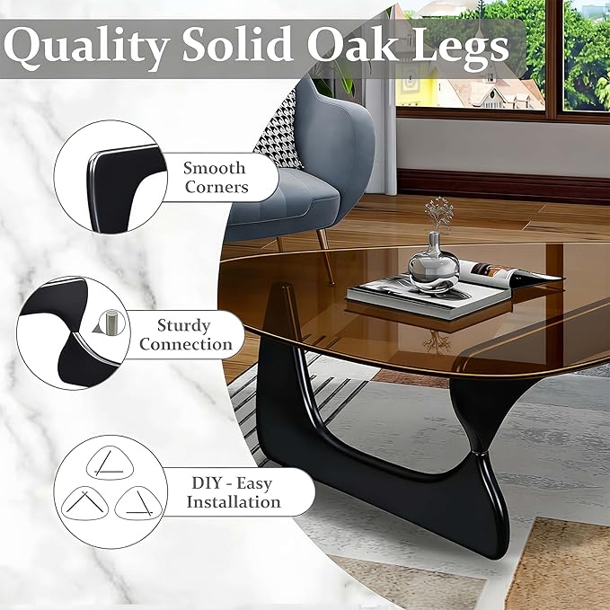 Coffee Tables for Living Room, Small Oval Center Table with Triangle Tempered Glass Top, Solid Legs, Tea Table for Office Small Space